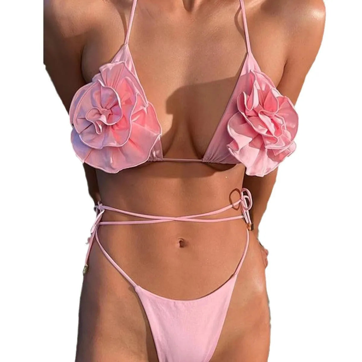 Pink halter lace-up bikini set with three-dimensional floral detail, split swimsuit with briefs bottom