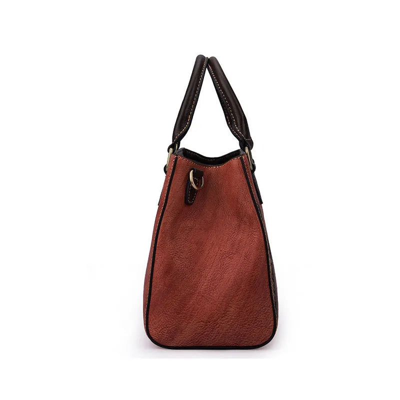 Retro brown top-layer cowhide women's handbag with zipper closure and soft handle, front view