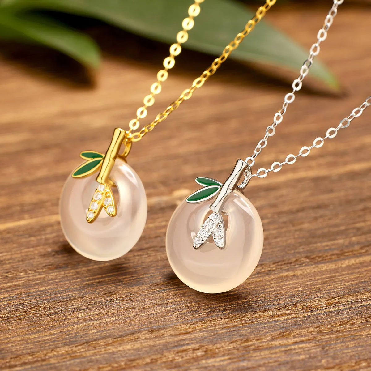 Natural chalcedony peace buckle pendant necklace in 925 silver with leaf shape and bamboo joint design, white gold finish