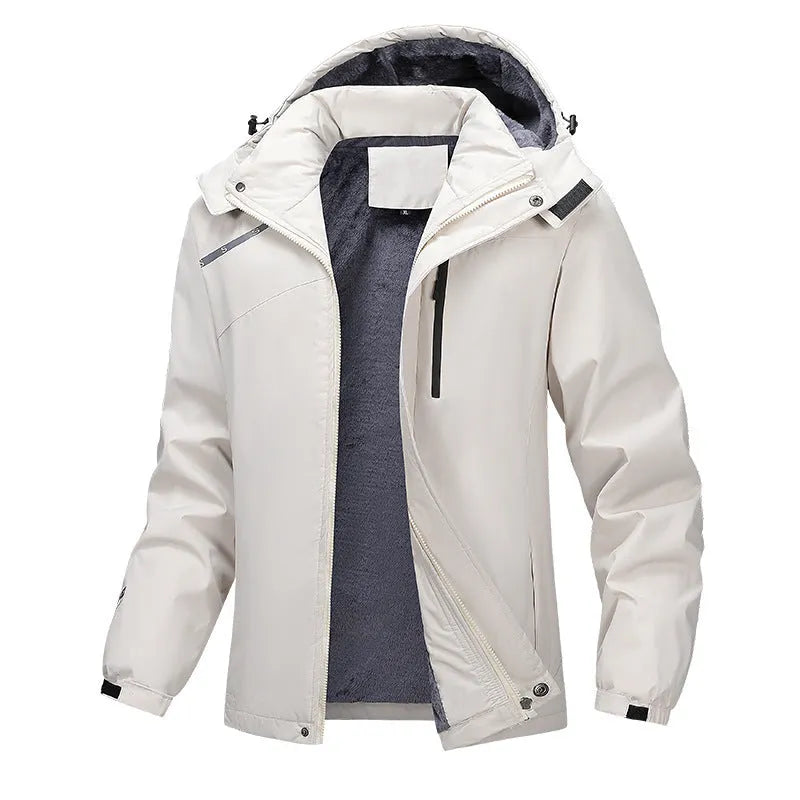 Men's waterproof loose fit hooded coat in plus sizes with army green, black, dark grey, and white colour options