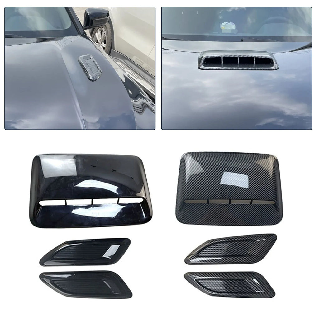 ABS plastic car engine cover and side air vent decorative shroud set in black and carbon fibre finishes