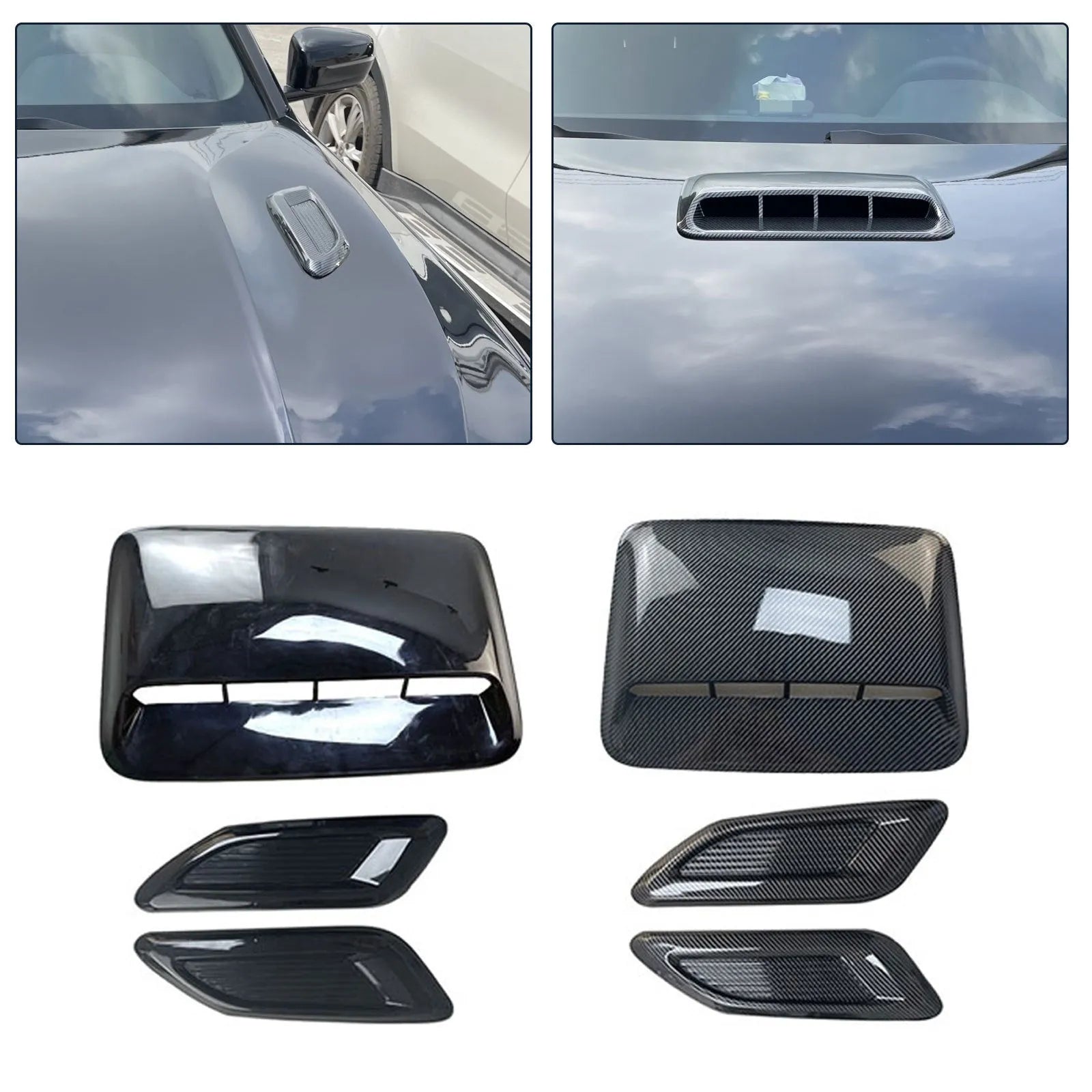 ABS plastic car engine cover and side air vent decorative shroud set in black and carbon fibre finishes