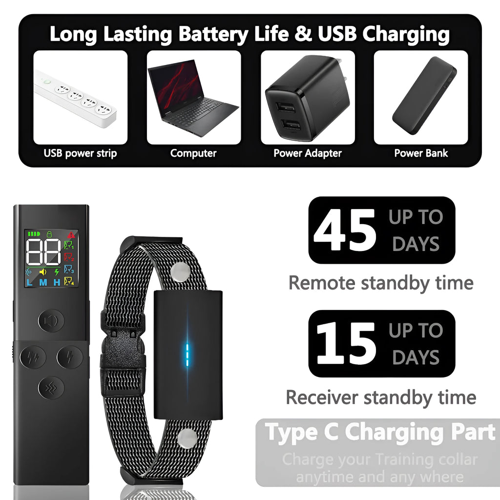 Black Bark Stopper dog trainer device with remote control and receiver unit for anti-barking training