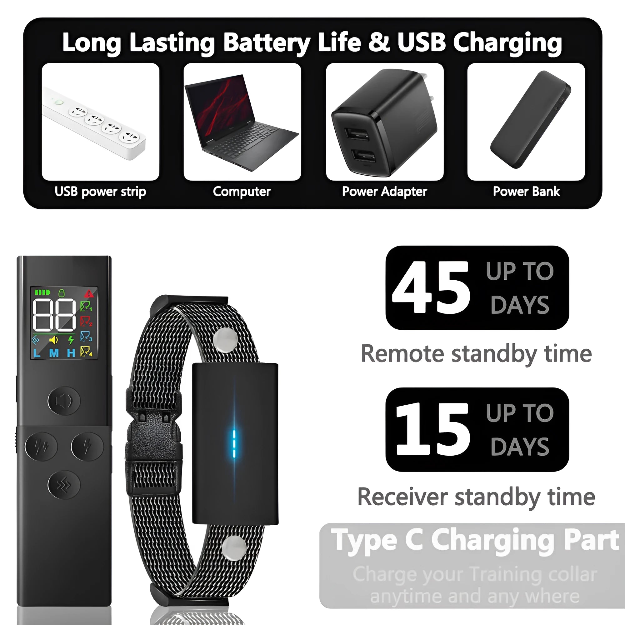 Black Bark Stopper dog trainer device with remote control and receiver unit for anti-barking training