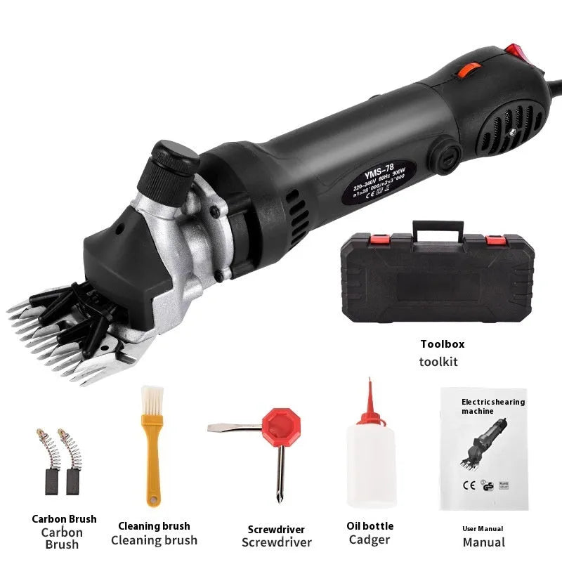 Yellow electric wool shearing clippers with 110V cable, multiple blade sets, and tools in a plastic storage box.