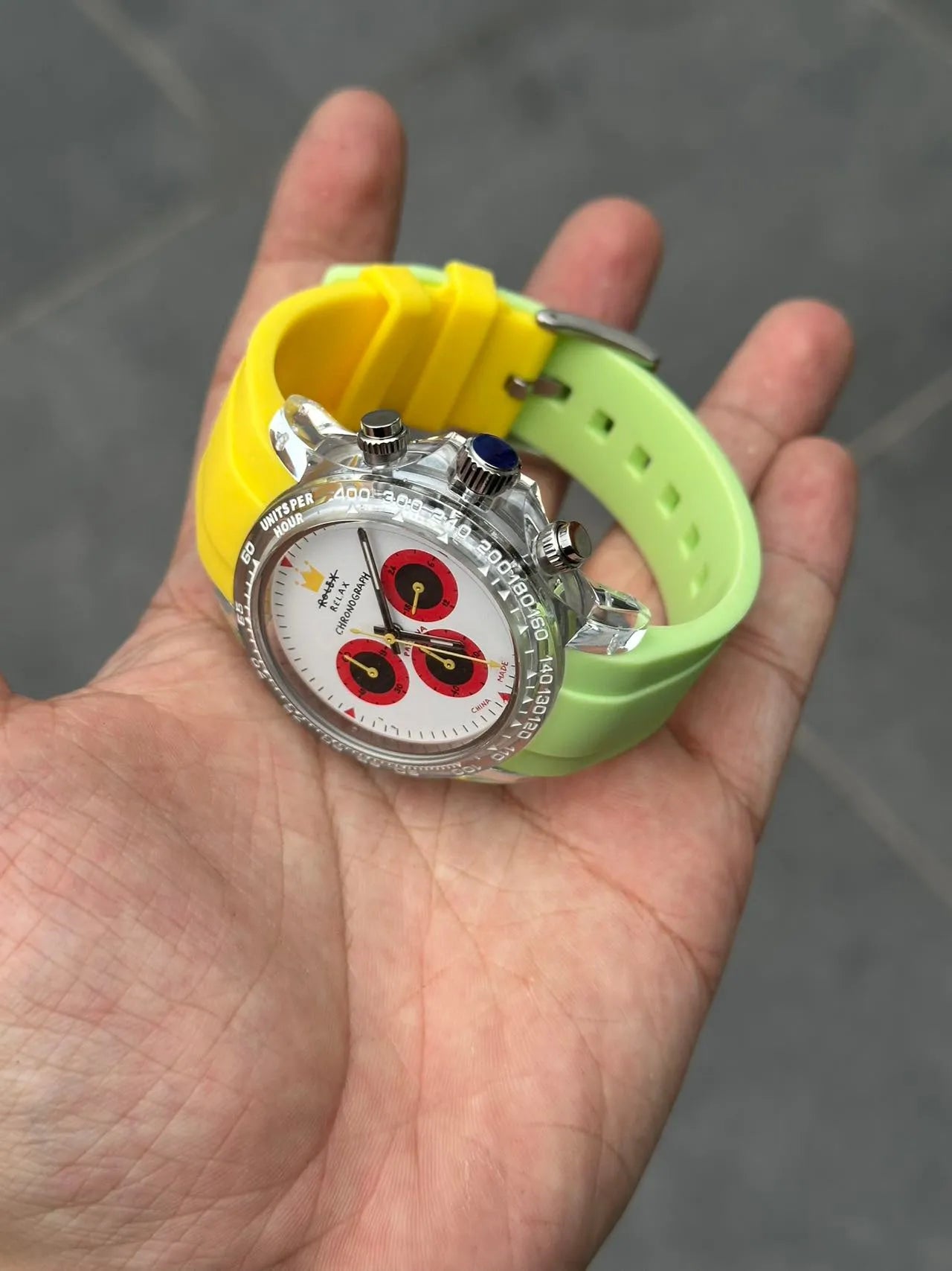 Panda Palette quartz chronograph watch with 36mm dial, steel strap, and luminous white dial