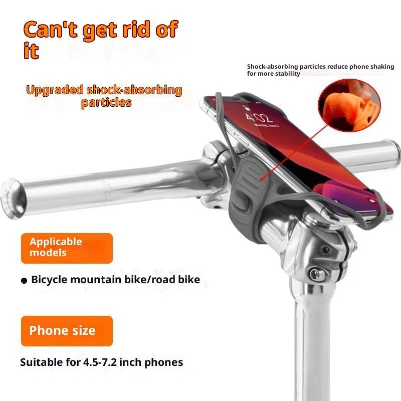 Universal adjustable road bike phone mount in black plastic attached to handlebars