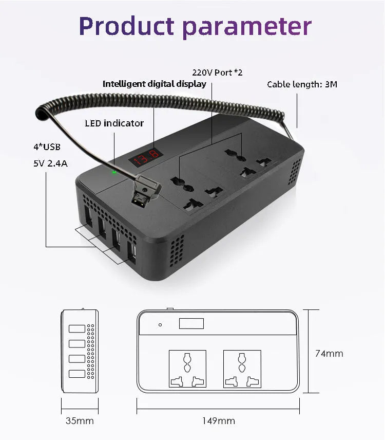 Automotive power inverter with PC fireproof housing showing AC and USB outputs, 149x74x35mm