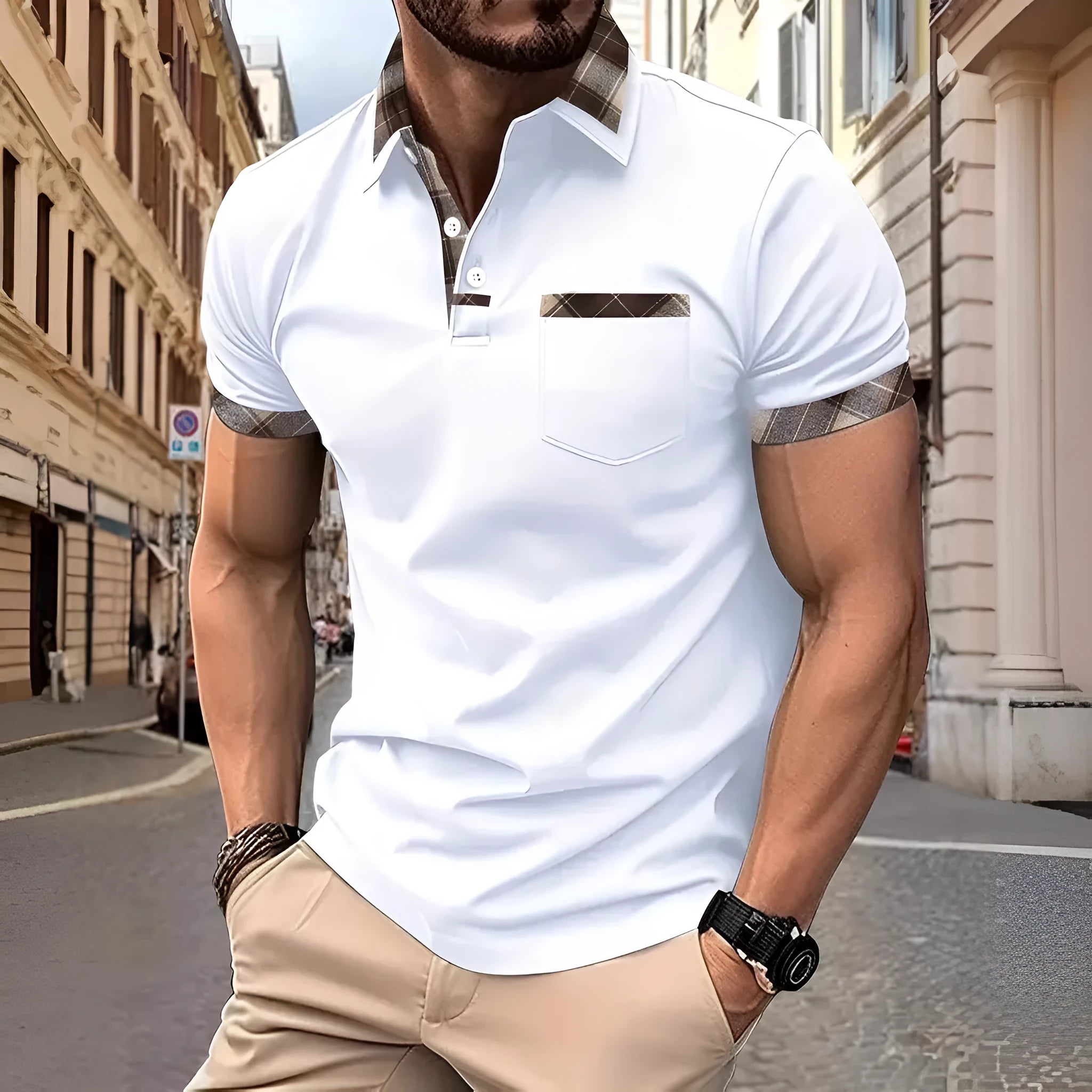 Men's loose fit short sleeve T-shirt with plaid colourblock pattern and zipper detail in multiple colour options