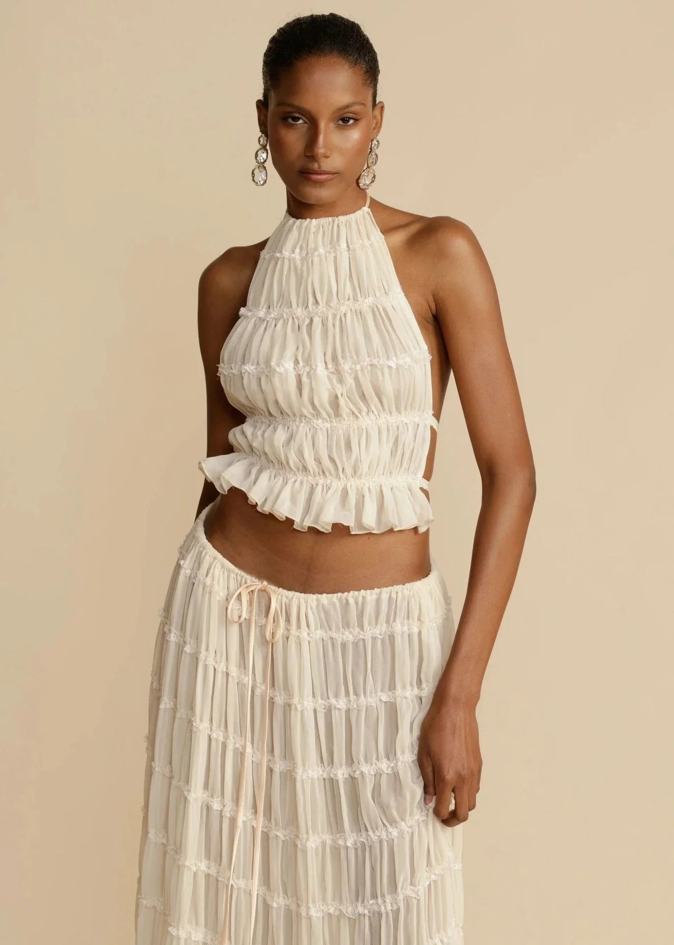 Sleeveless backless cropped halter top and pleated maxi dress set in various colors