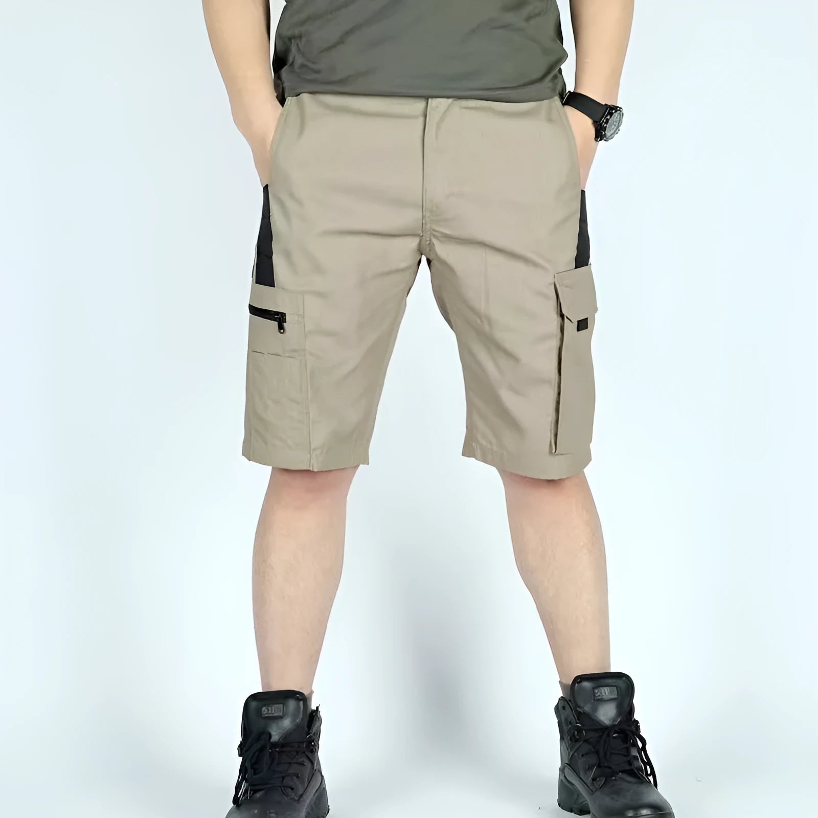 Adult elastic waist camouflage cargo shorts shown in multiple colour options including CP camo and dark night patterns