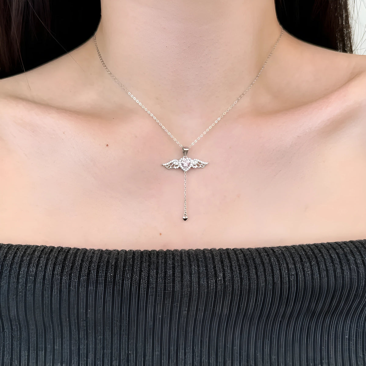 925 silver heart necklace with wings and tassel pendant, platinum colour, 26 x 36mm, for women