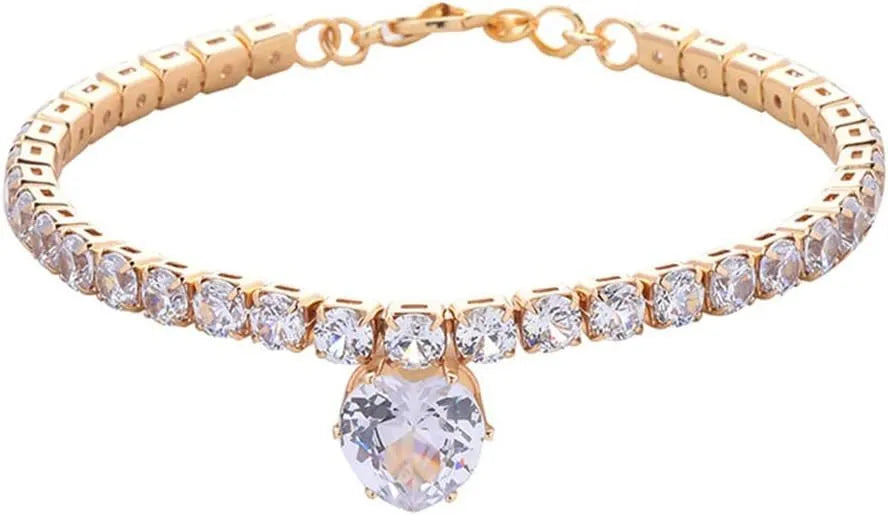 Gold rhinestone heart-shaped collar for dogs and cats on an extension chain.