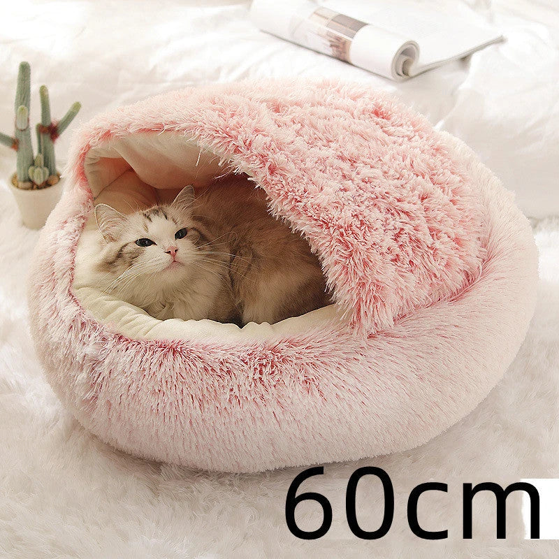 A soft, plush pet bed in various colors, including olive green, brown, pink, and grey, designed for the comfort and relaxation of cats and dogs.