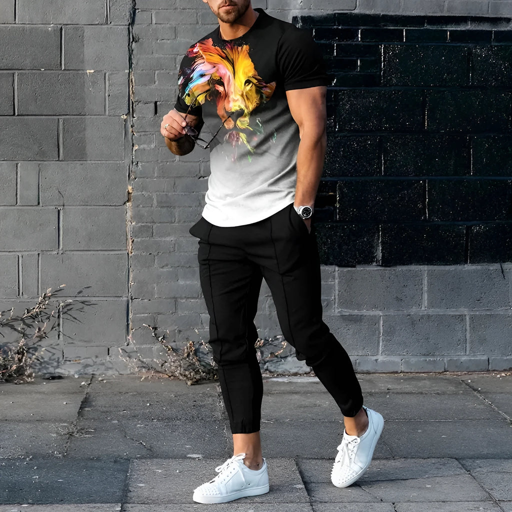 Man wearing a short-sleeved printed round neck T-shirt and matching trousers from a cotton-like polyester suit.