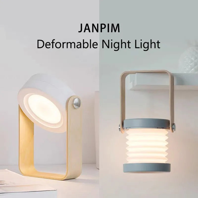 White foldable USB rechargeable LED lantern lamp shown in both table and upright night light modes.