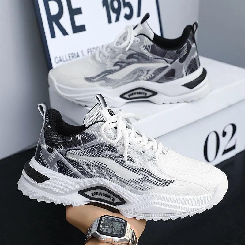 Men's spring casual sports mesh shoes synthetic leather upper rubber sole front lace-up round toe black and white 3529