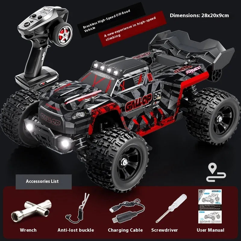 Brushless remote control car with four-wheel drive, metal drivetrain, available in green or red colour options