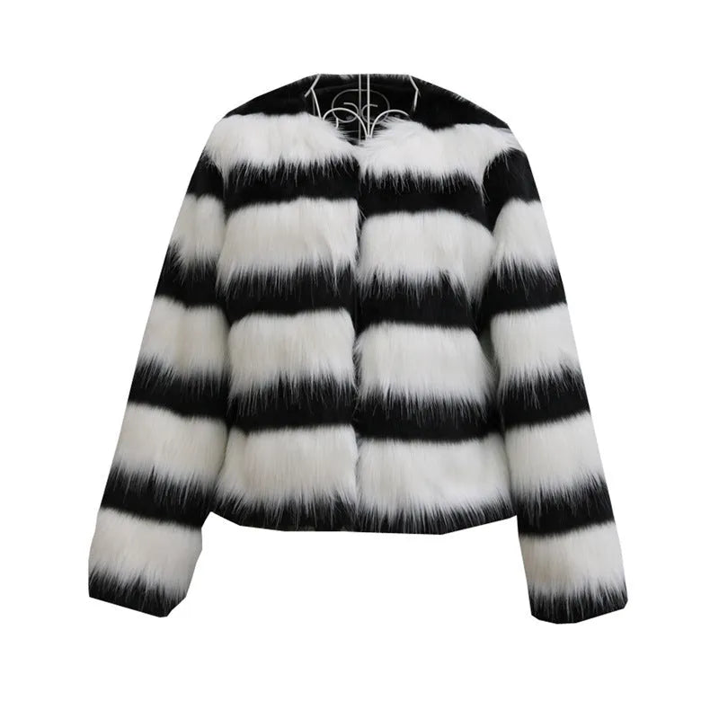 Black and white striped faux fur leather jacket for women, long sleeve street fashion outerwear.