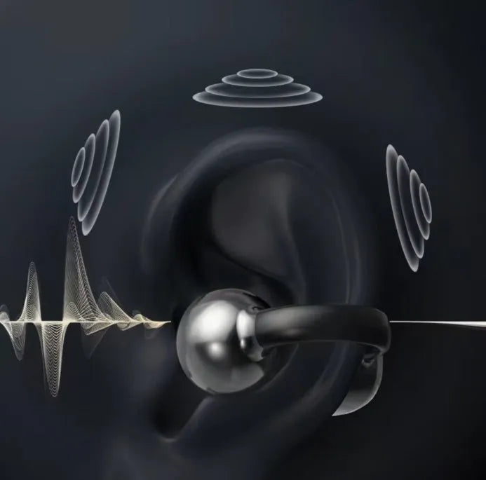 Smart colour screen ear clip Bluetooth headset in black with display screen showing battery
