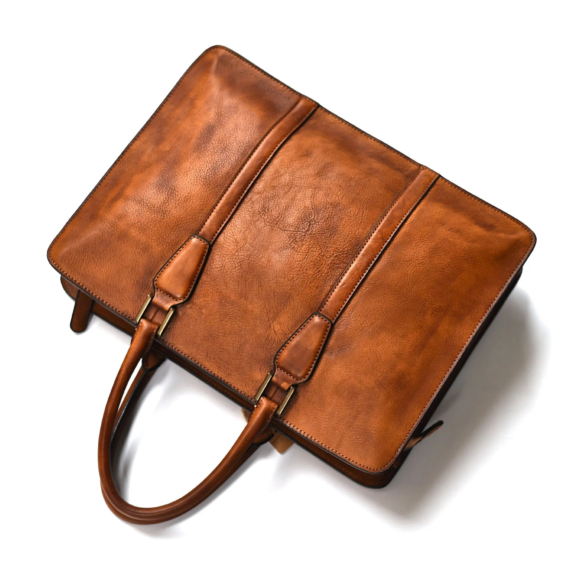 Men's 14-inch vegetable tanned leather handbag in horizontal square design with zipper