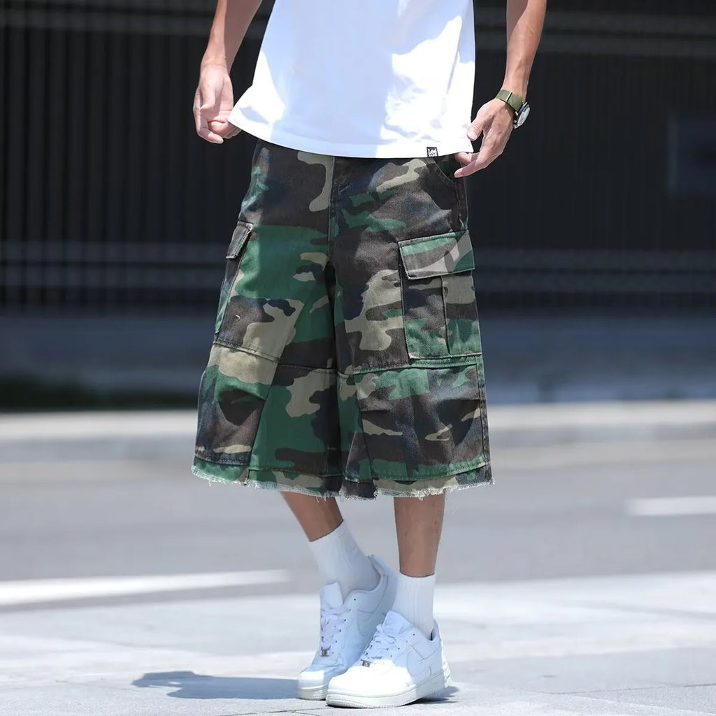 American retro workwear shorts in camouflage pattern with loose cropped fit