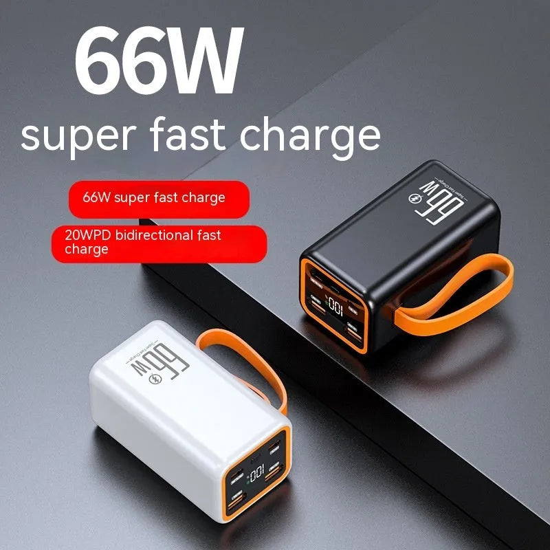 Black and white 20000mAh fast charge power bank measuring 95x52x47.5mm