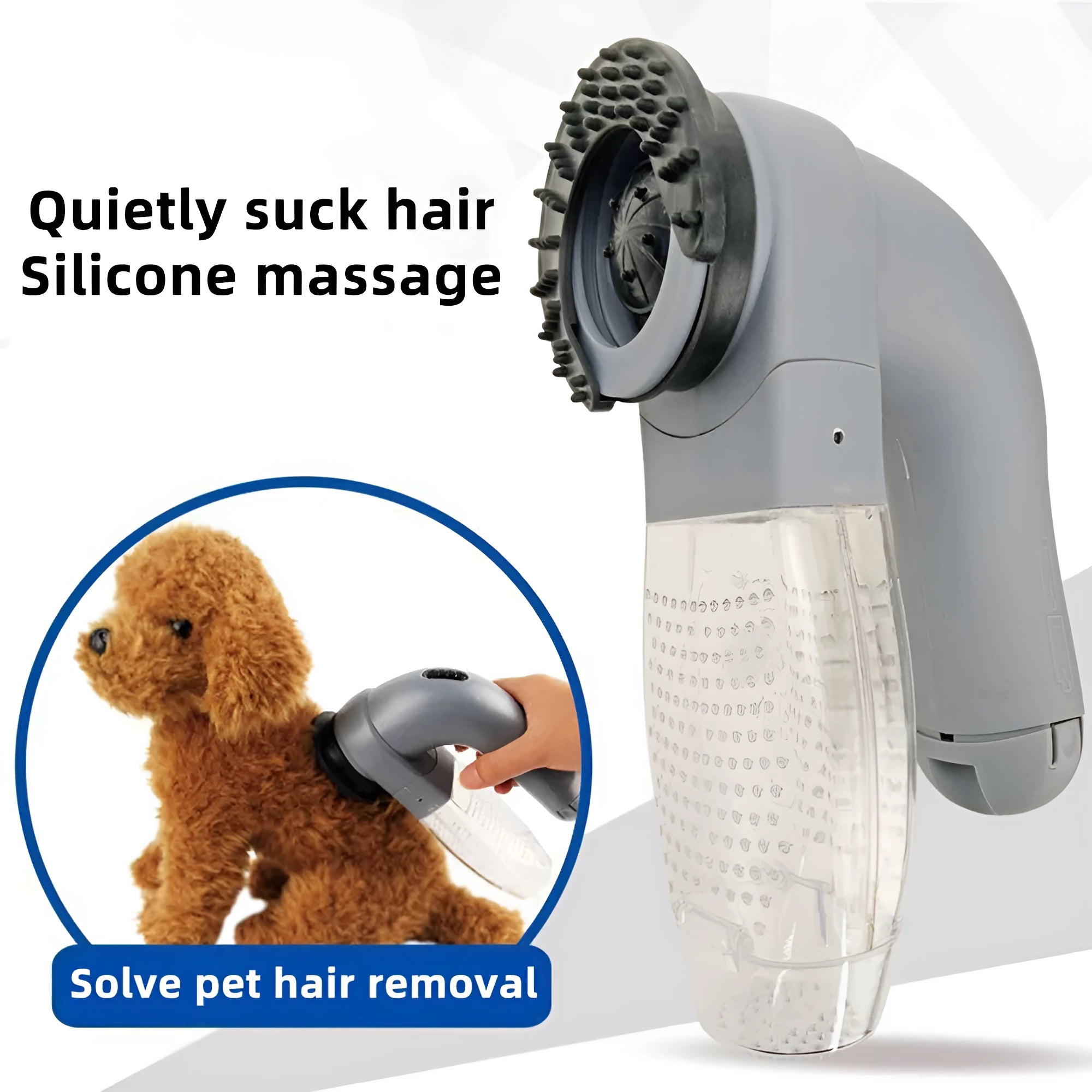 Grey electric pet hair vacuum grooming brush with rubber head and collection canister