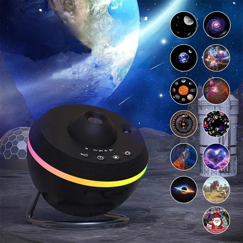 A high-quality galaxy projector lamp with 13 captivating projection effects and customizable color modes, creating a mesmerizing starry night sky in any room.