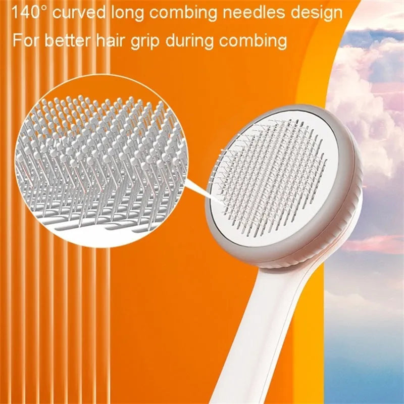 Blue and white self-cleaning slicker brush for grooming cats and dogs to remove loose fur.