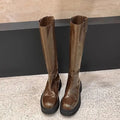 Black round toe knight boots with chunky heel, high tube design, and a back zipper.