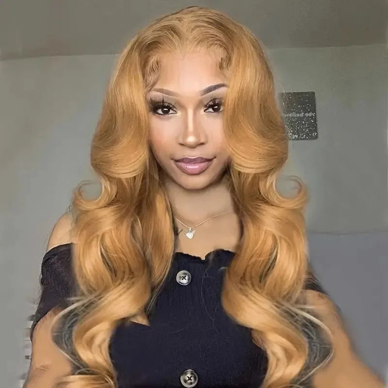 Synthetic wig with big golden wave curls and side bangs in light brown colour