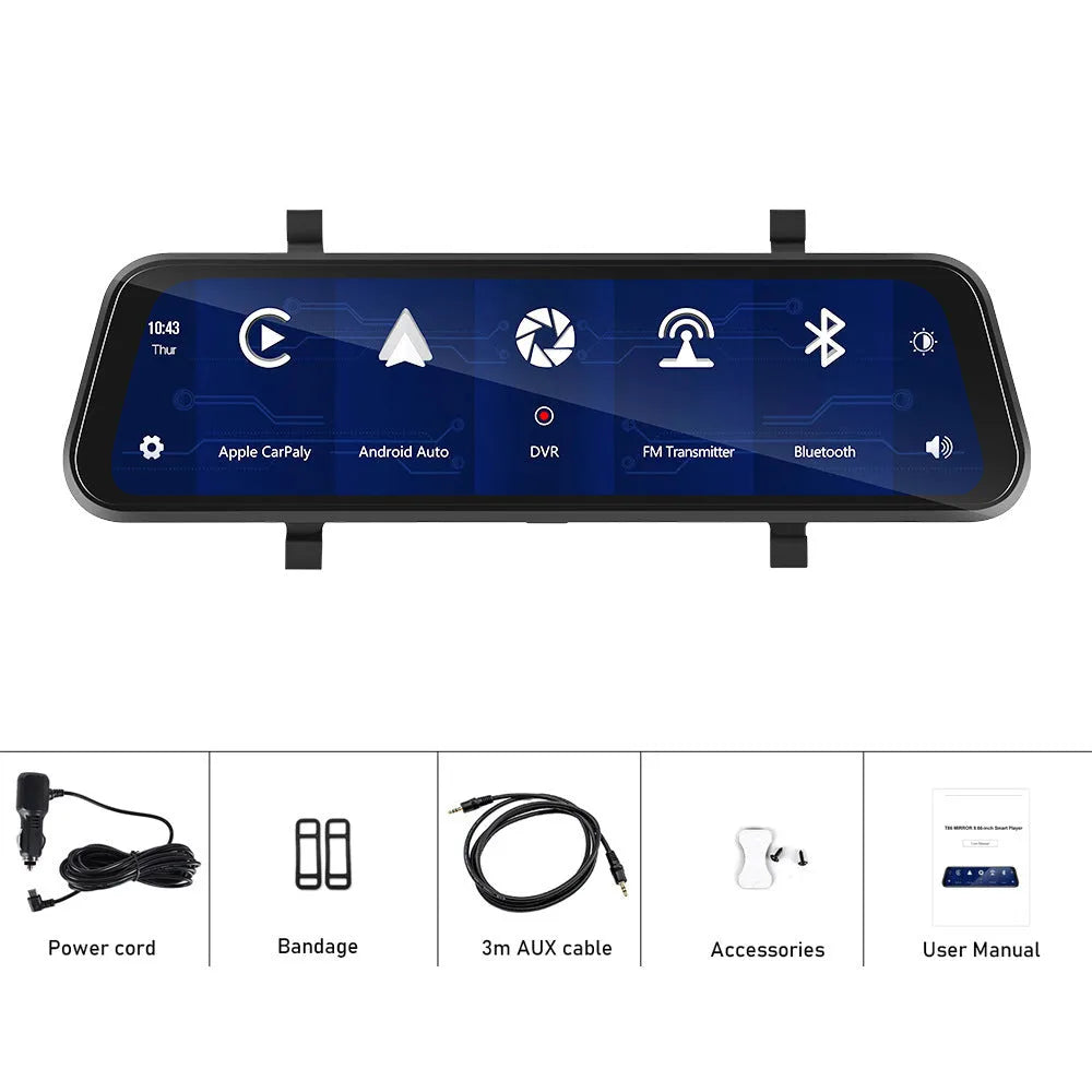 9.66-inch touchscreen car dash cam rear view mirror with CarPlay and Android Auto display