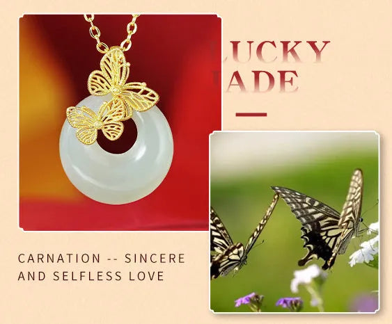Chinese Hetian jade necklace with 925 sterling silver butterfly peace buckle pendant on cross chain