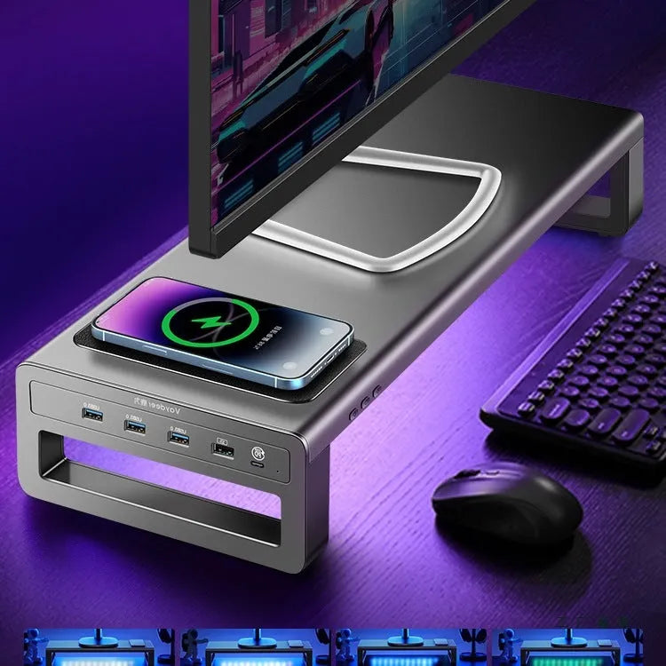 Desktop screen storage base stand with drawer, heightening rack, ABS PC metal build and USB charging options.