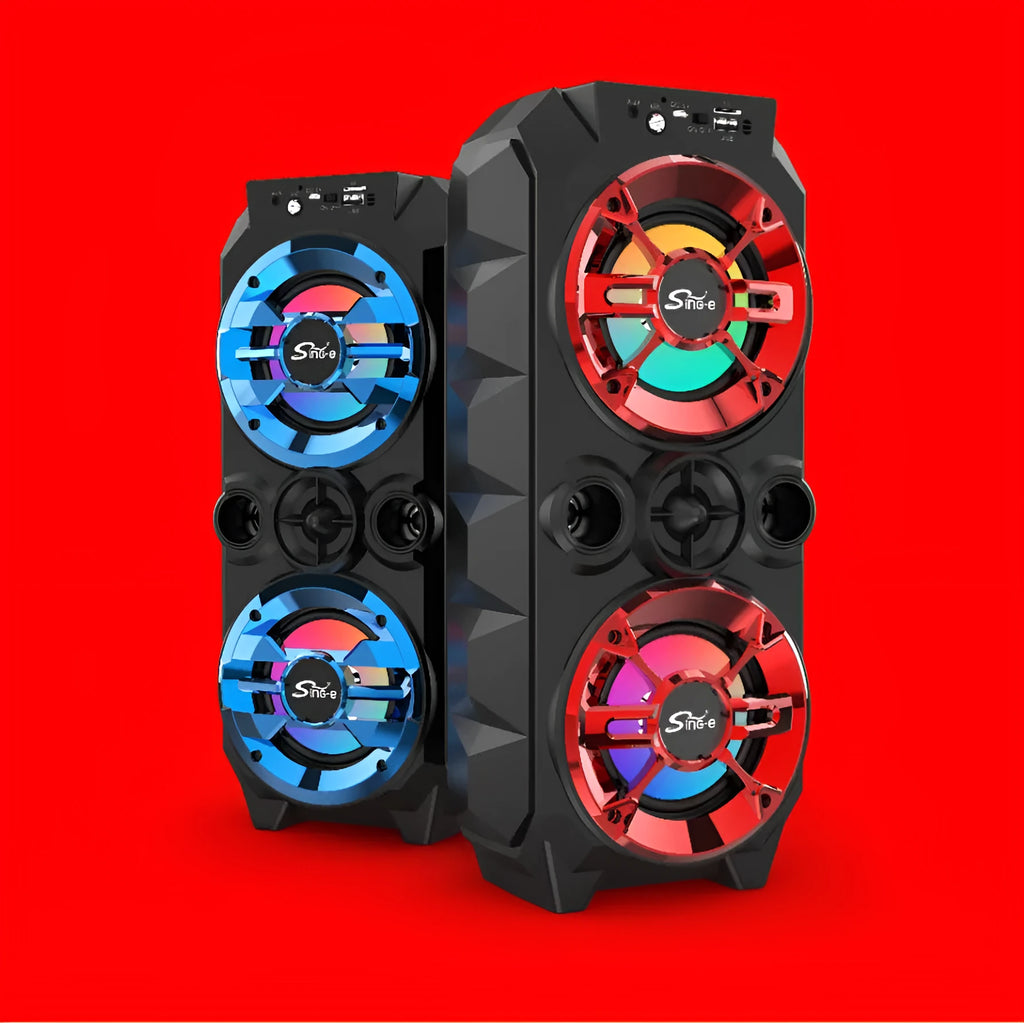 Blue portable Bluetooth speaker with colour LED lights and pull rod handle for carrying