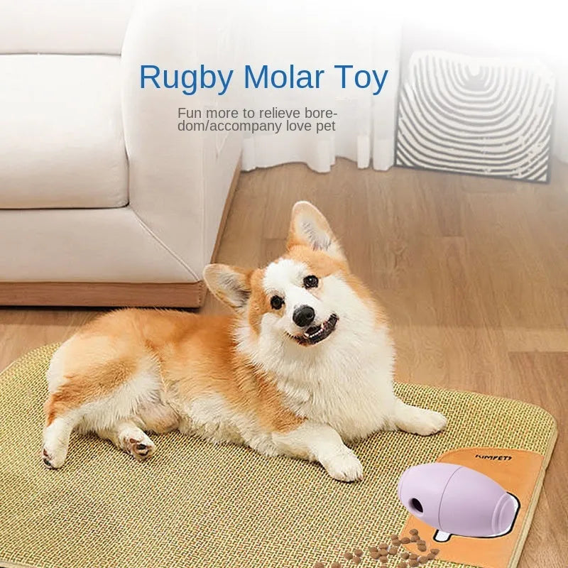 Blue silicone rugby ball dog toy with a hollow centre for holding treats.