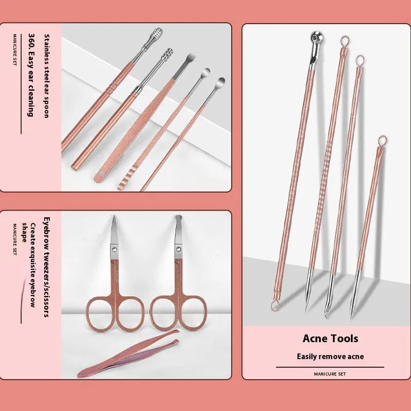 30-piece stainless steel nail beauty tool set showing cuticle tools, nippers, and files on a pink background.