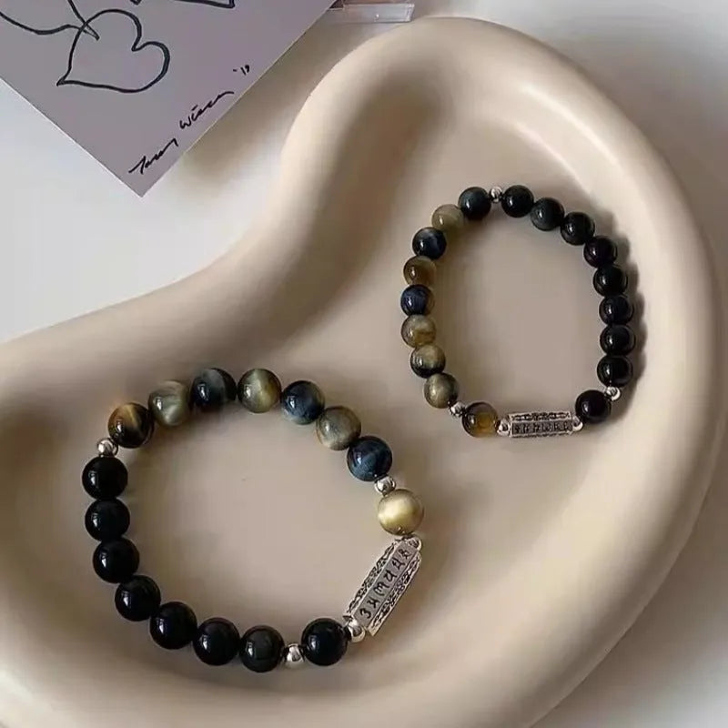 Obsidian and Tigereye sterling silver bracelet with Six Words Mantra engraving, Chinese style geometric design.