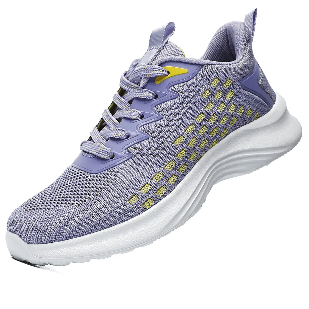 Women's lavender purple Flyknit running shoes with mesh lining and striped pattern, flat heel