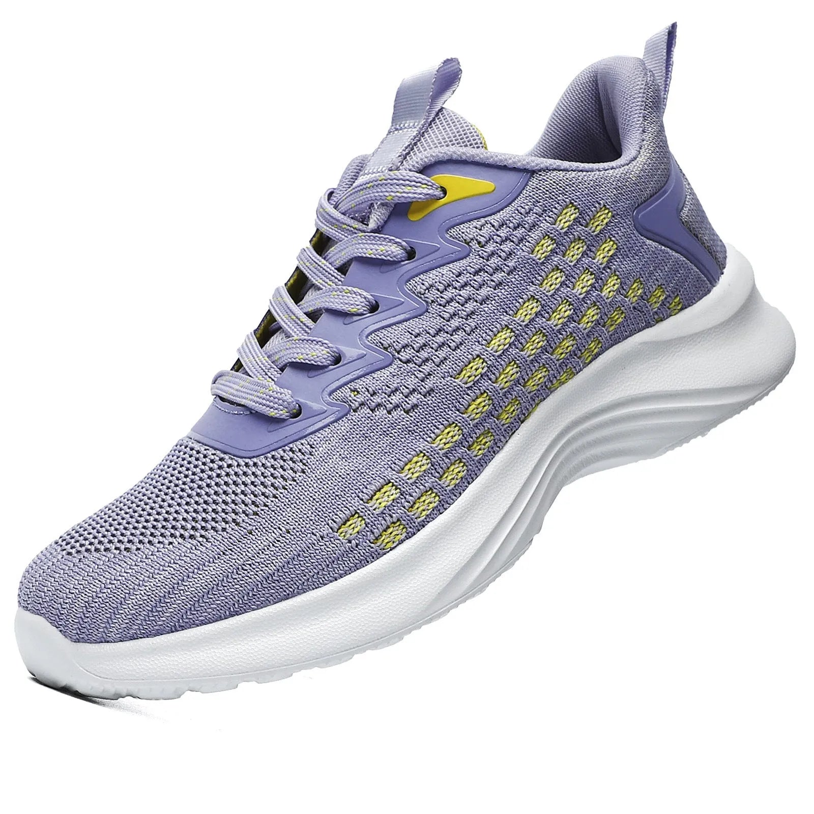 Women's lavender purple Flyknit running shoes with mesh lining and striped pattern, flat heel