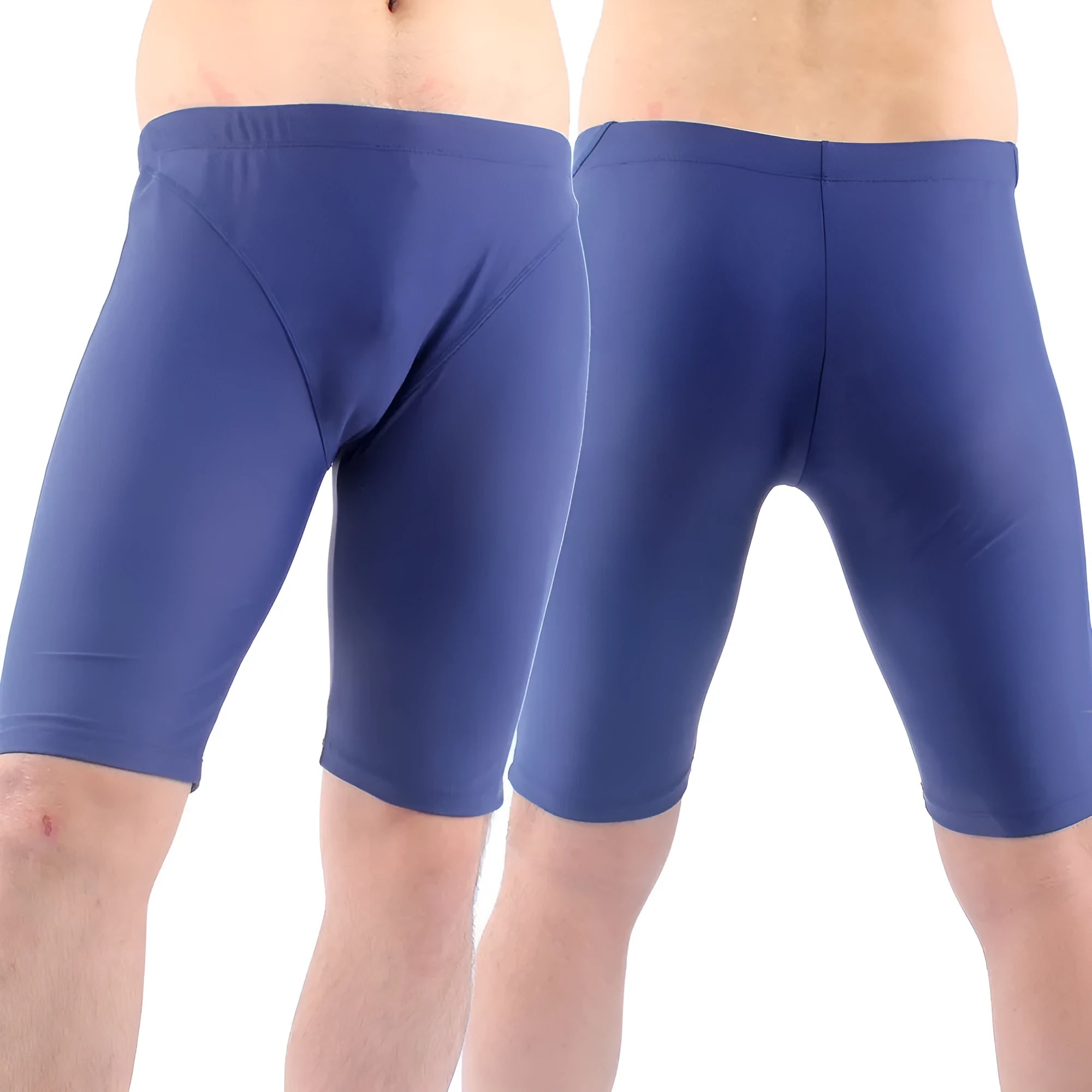 Men's green and navy blue swimming trunks with quick-dry fabric and anti-embarrassment lining