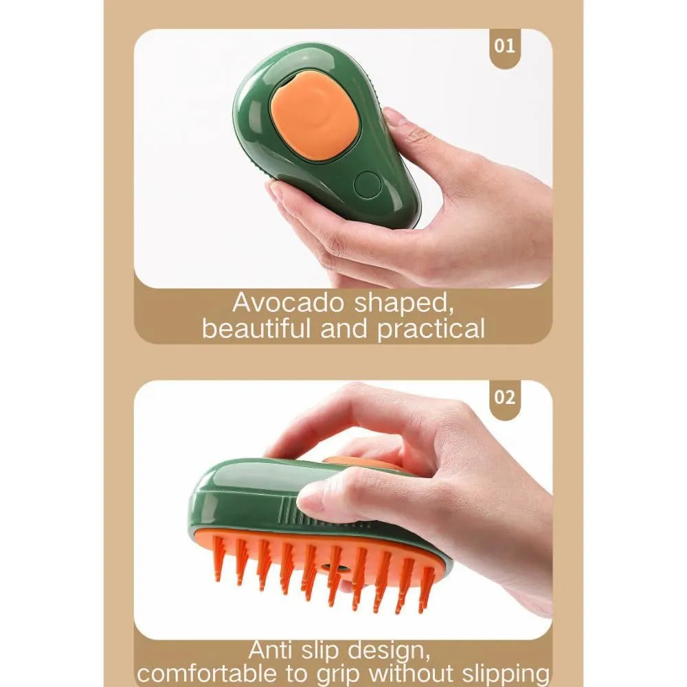 Green and white cat steam brush with silicone teeth, water spray function and compact design