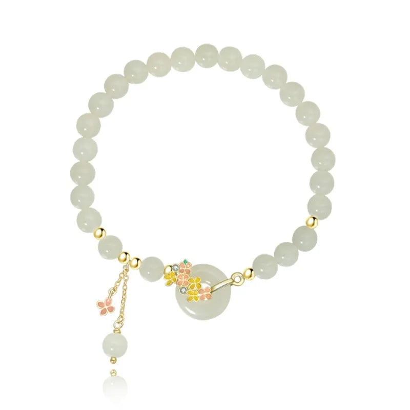 Osmanthus peace buckle bracelet with 6mm Hetian jade set in S925 sterling silver