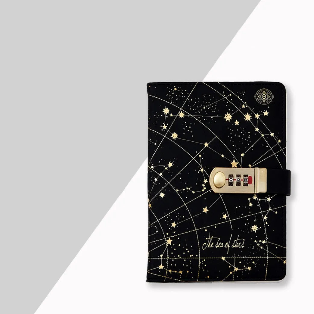 A5 password book diary with fingerprint lock, imitation leather hard cover, open to show 100 pages