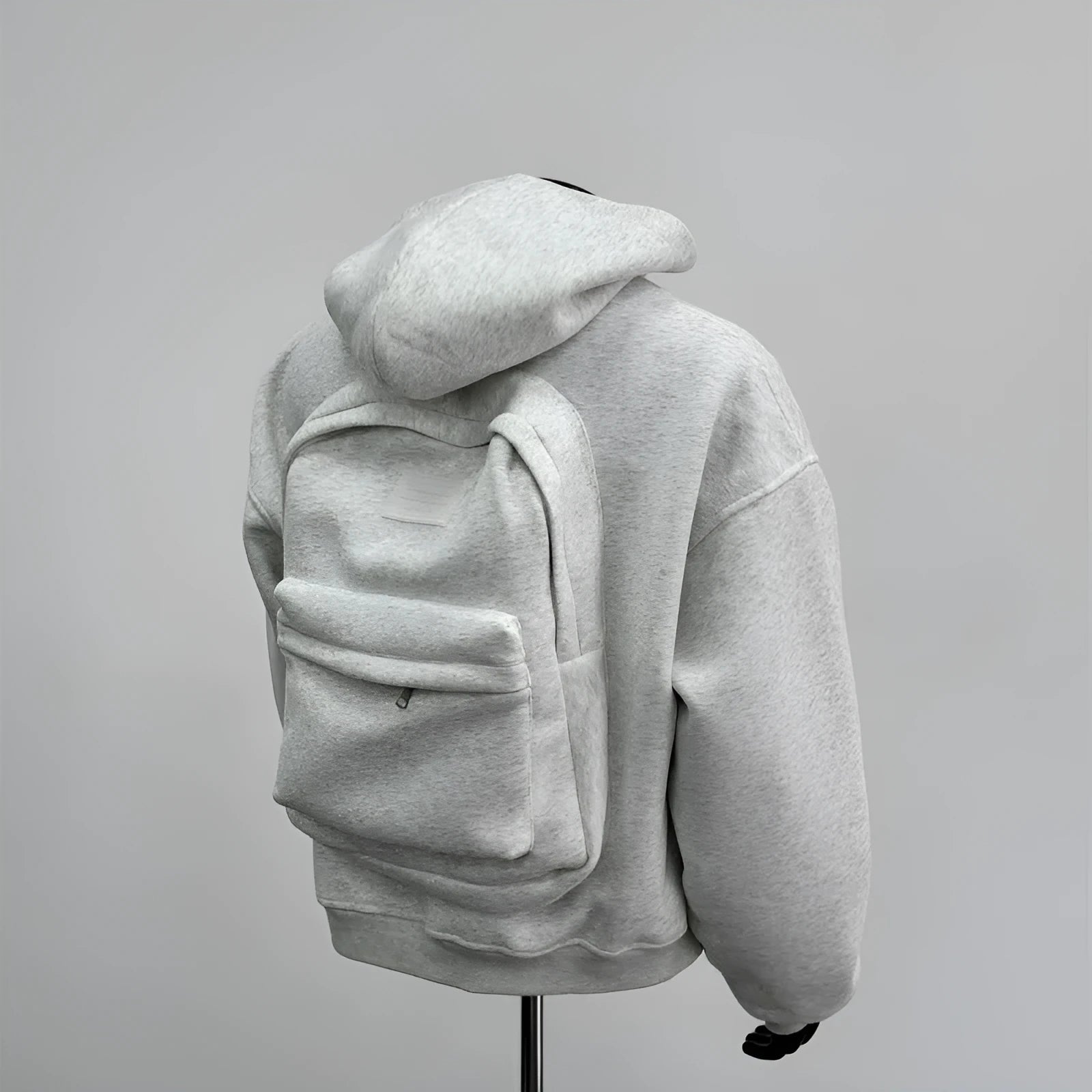 Men's light grey hooded hoodie with schoolbag design, polyester cotton blend fabric, shown front view