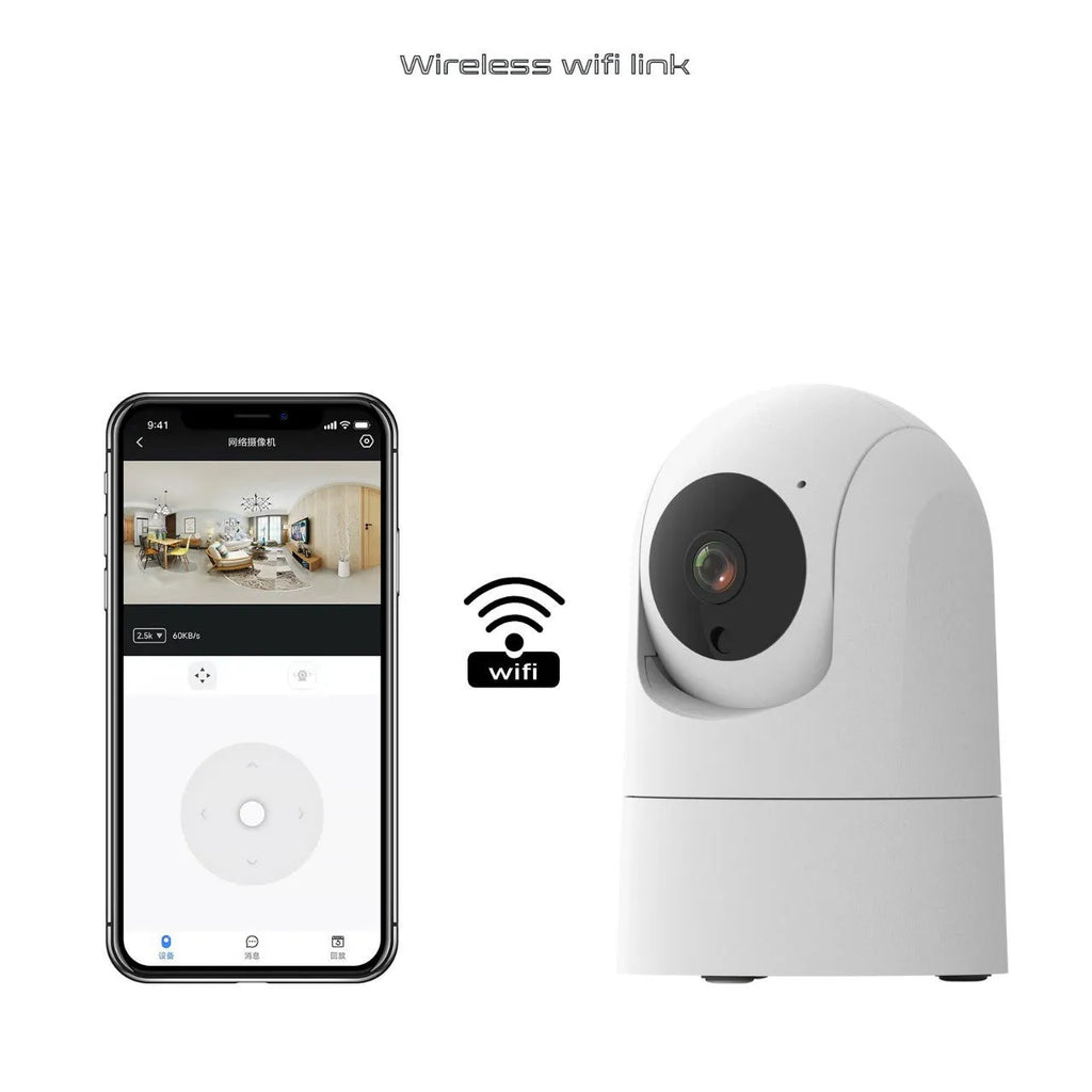 White indoor PTZ security camera on a stand with 360-degree rotation and two-way audio microphone.