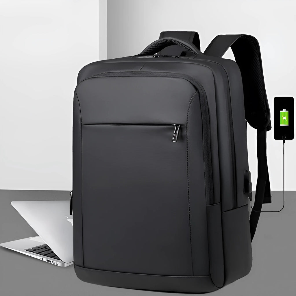 Waterproof USB business computer bag in black with air pillow belt and USB port, front view