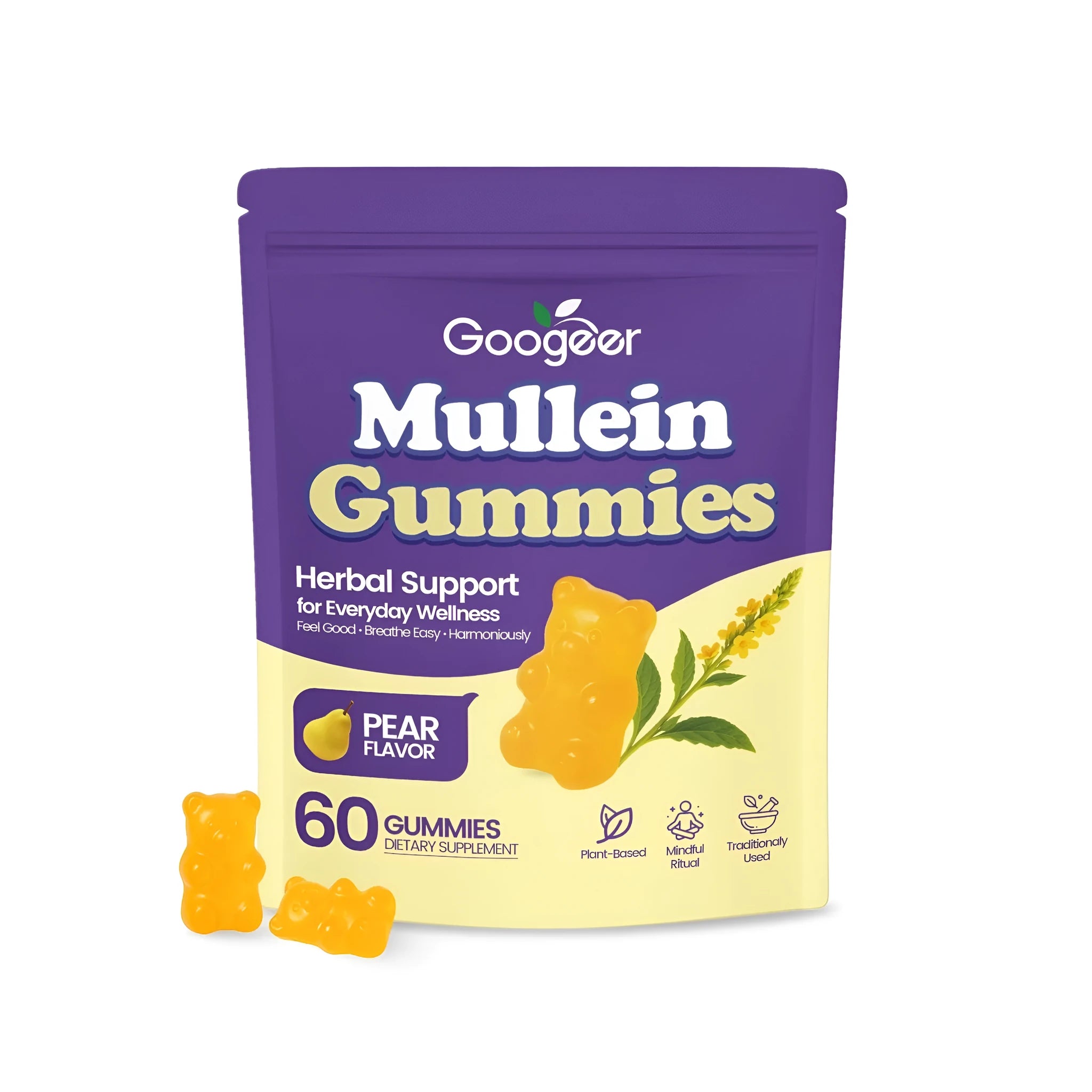 Bottle of 60 mullein herbal supplement gummies with verbena officinalis leaf extract.