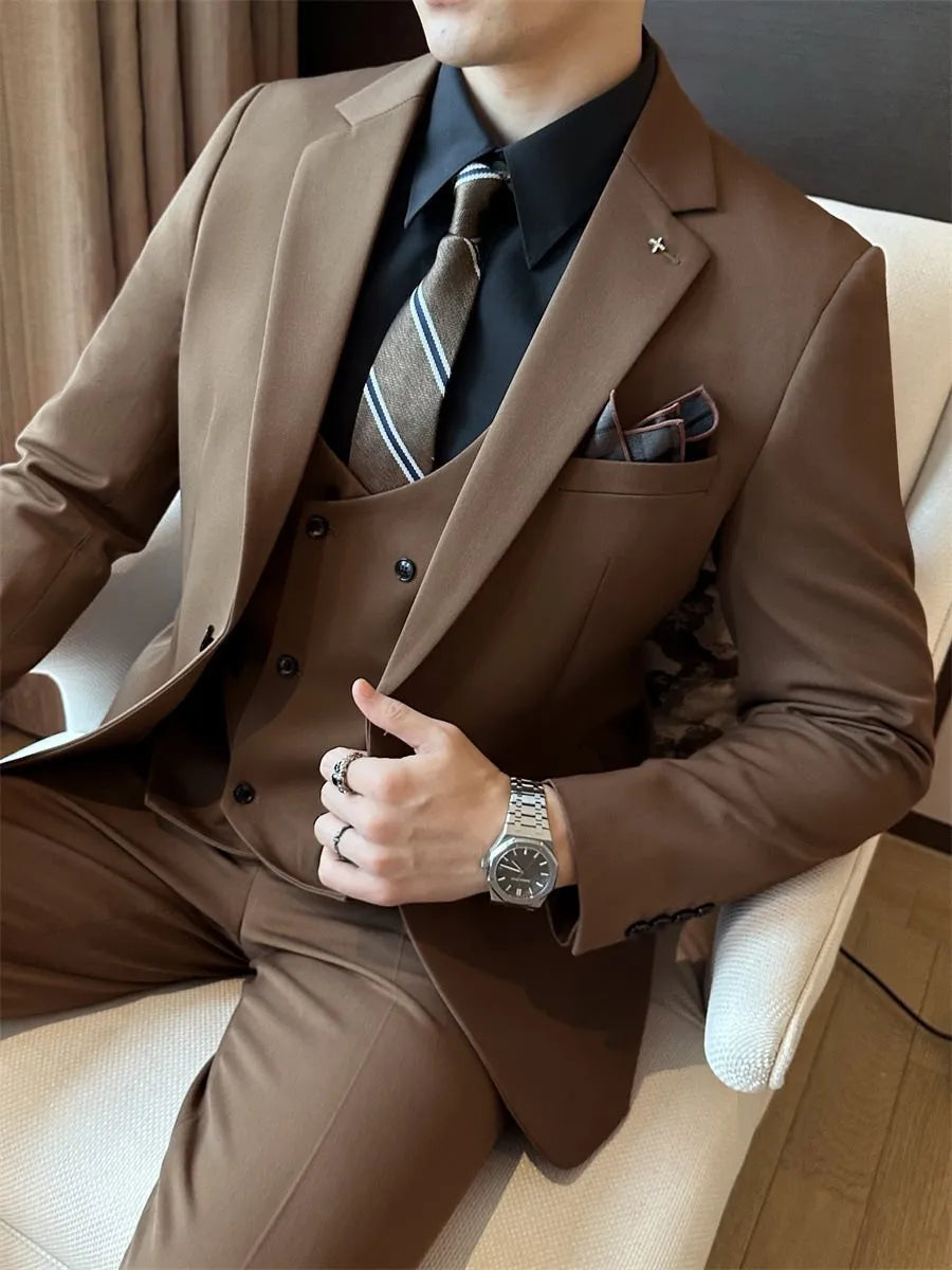 Men's slim fit business suit in dark green, brown, or camel, made from a chemical fibre blend fabric.